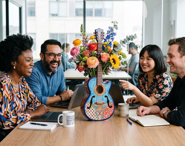 Office workers looking at a guitar shaped vase with flowers